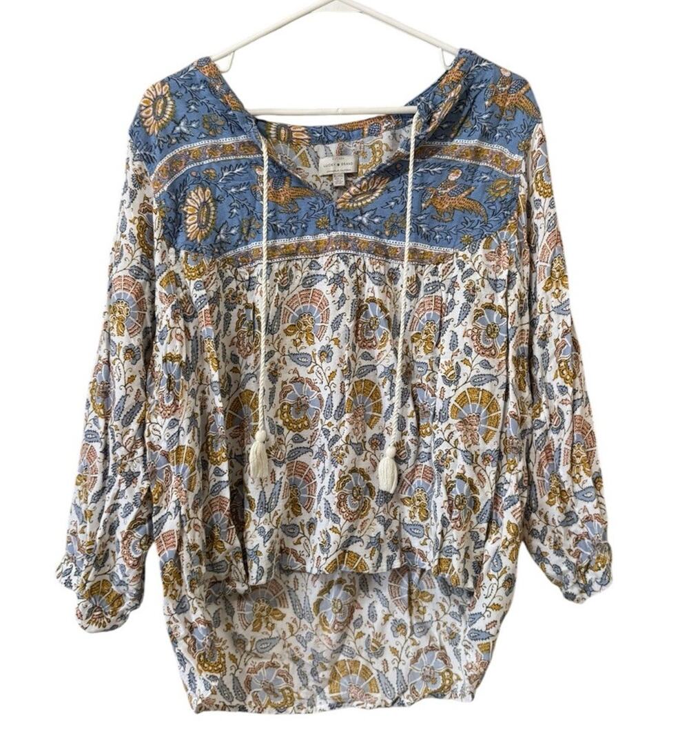 Lucky Brand Tunic Top Women Size XL V Neck Tassels Paisley Bohemian Peasant